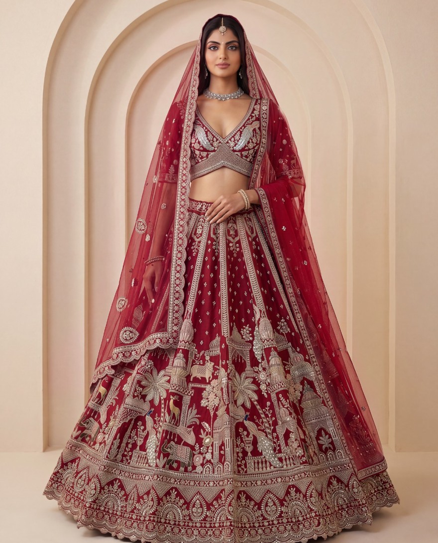 3074 - Maroon Bridal Cutdana-Work Embroidered Ethinc Motif Semi-Stitched Lehenga Choli